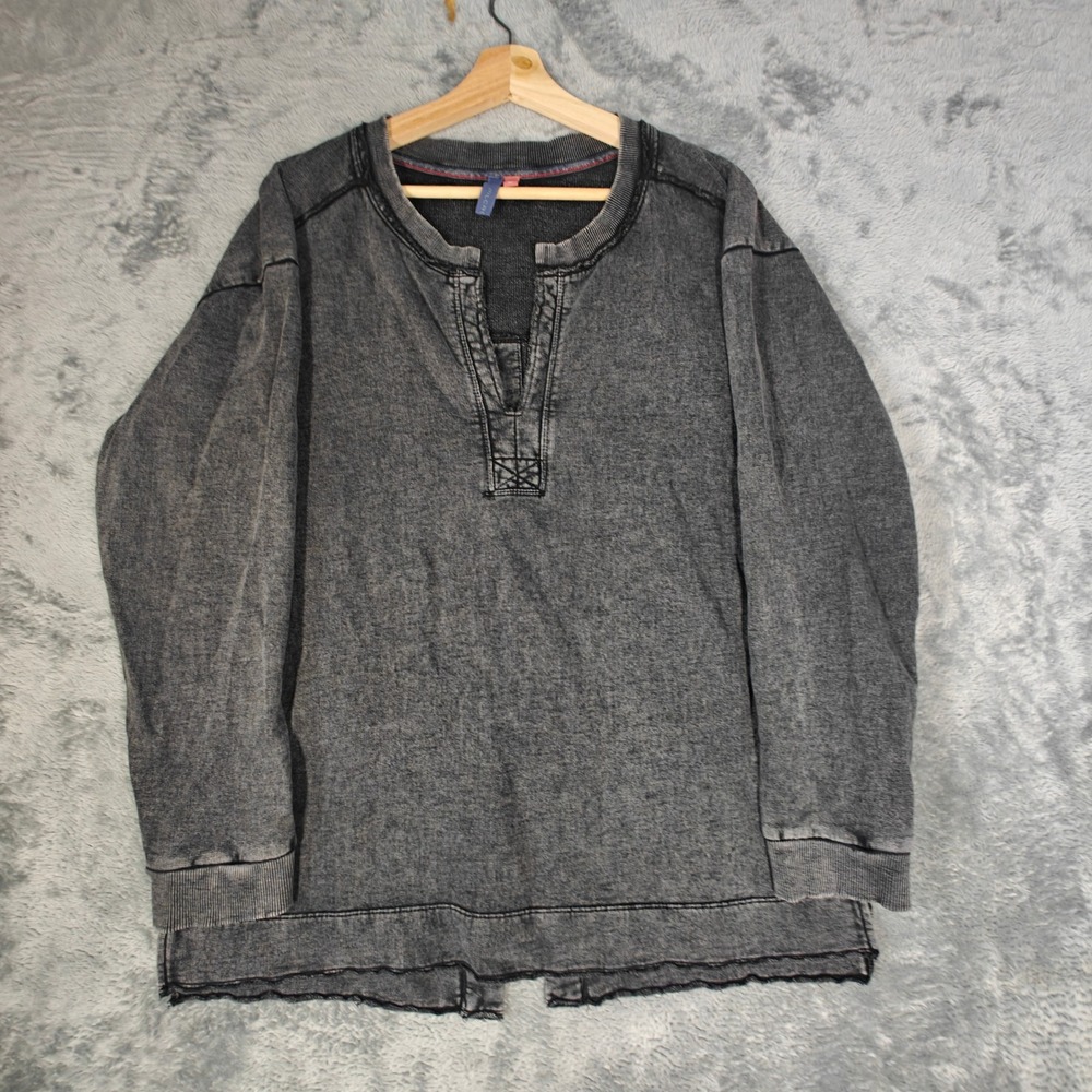 Pilcro Henley Top Womens Large Grey Acid Wash Cotton Split Back Long Sleeve